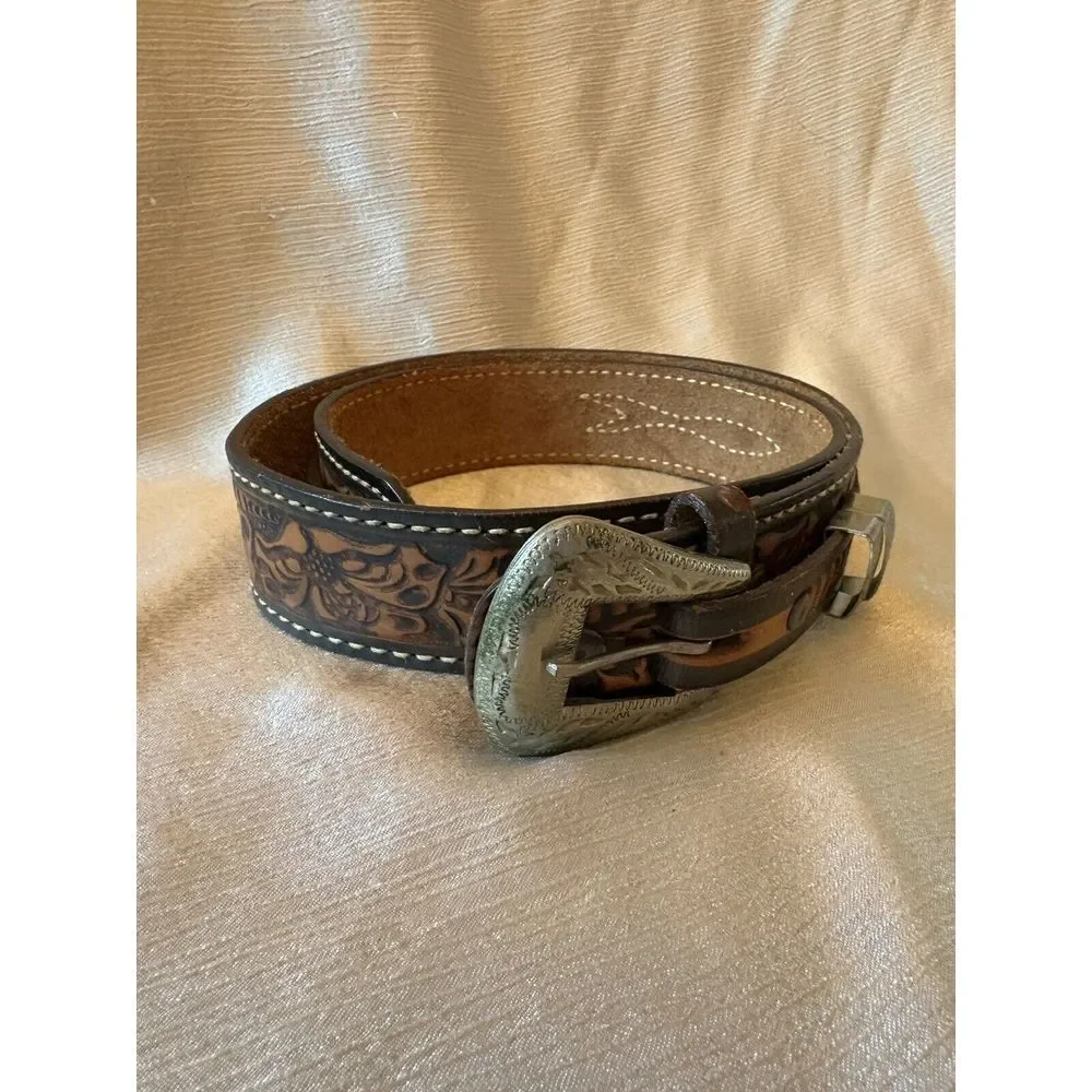 vintage USA made JUSTIN buckle belt 32 cowhide leather WESTERN brown TOOLED